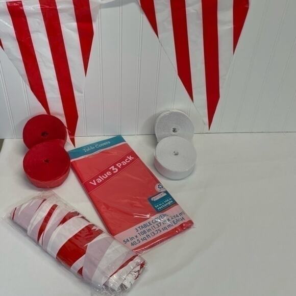 Red White Party Supplies Pennant Banner Table Covers Streamers Bundle - Picture 2 of 5